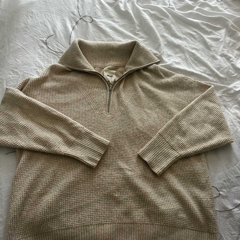 Aerie Tan Zip Up Sweater with Relaxed Fit